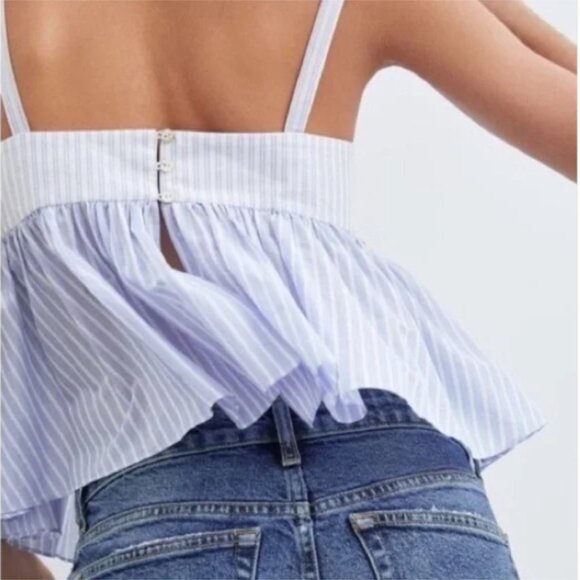 New Zara Blue and White Striped Open-Back Cropped Tank Top - Picture 2 of 16